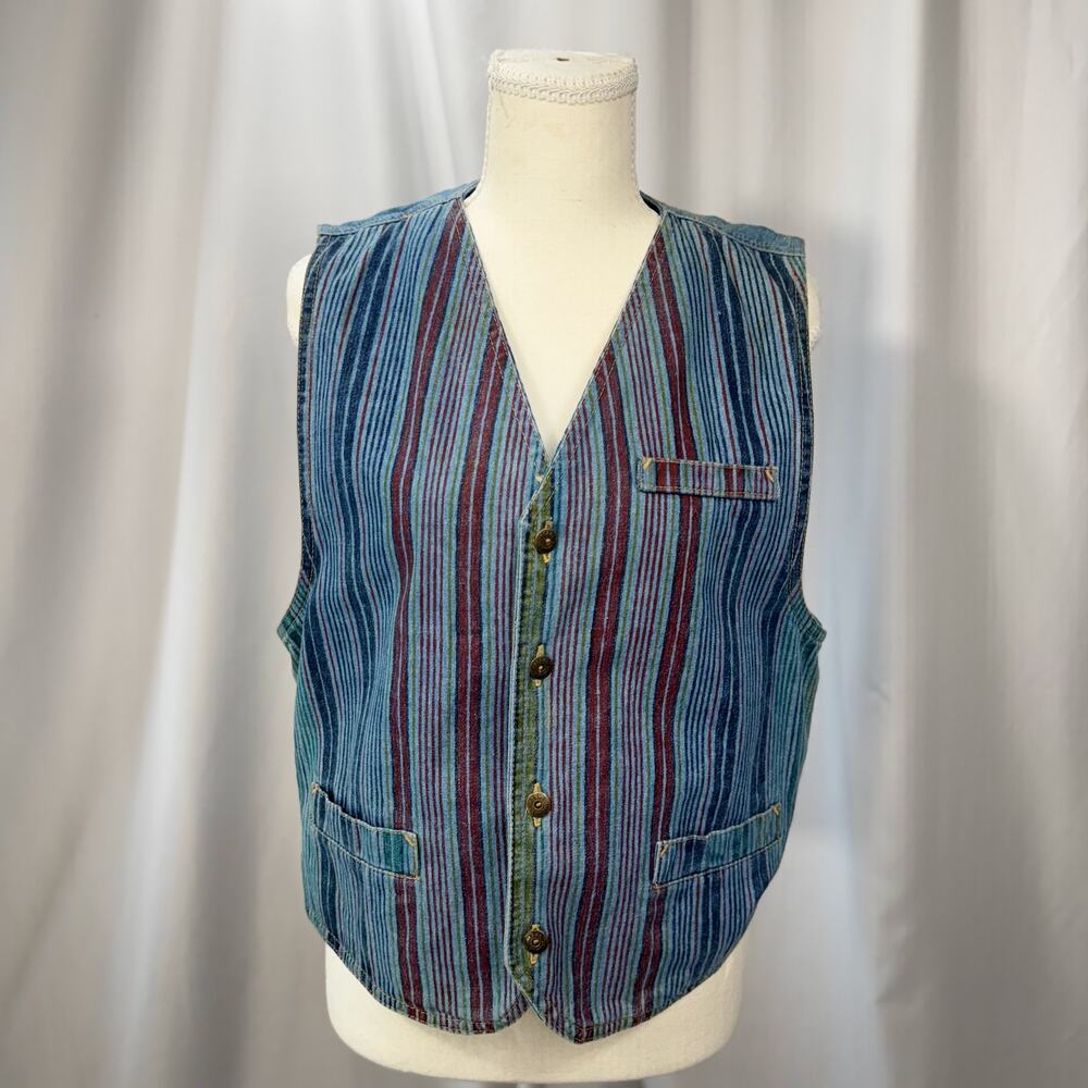 90s Multicolor Stripe Vest Small Denim Boho Indie Button Hippie Western Festival - Picture 15 of 16